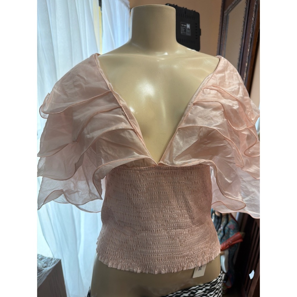 Commense Pink Ruffle Flutter Sleeve Smocked Blouse Top Small NWT